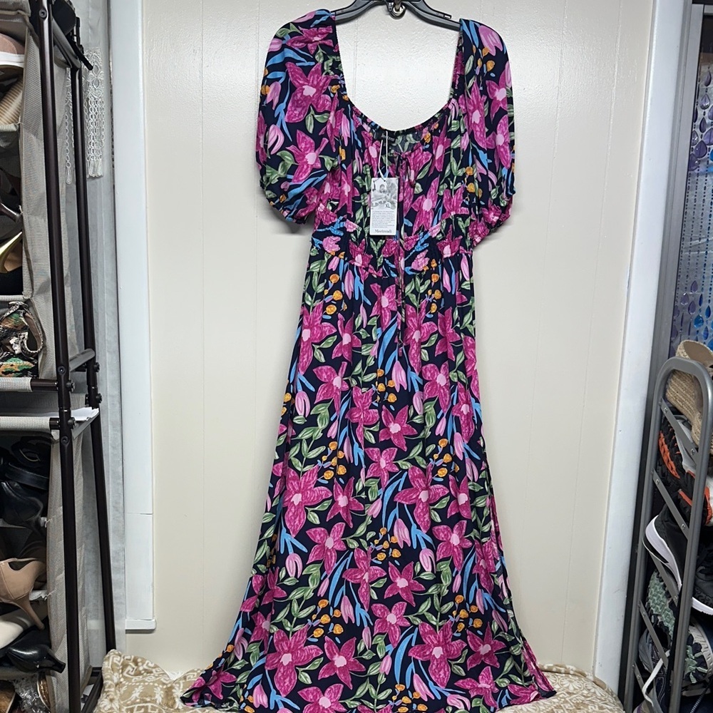 Vibrant Floral Maxi Dress in Pink and Black